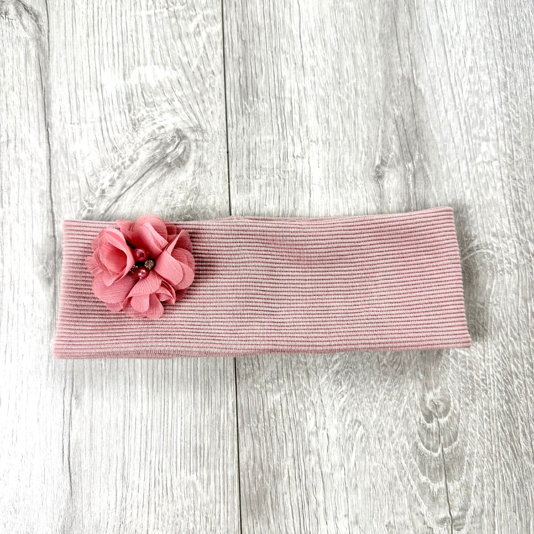 Stirnband 45cm Ribjersey rosa mit Blume
